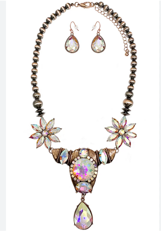 WESTERN STYLE TEXTURE RHINESTONE LONG HORN NECKLACE SET