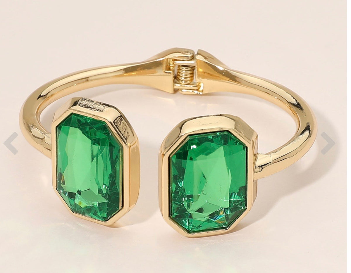 Bold Geometric Gem Tip Hinged Bangle Cuff Bracelet