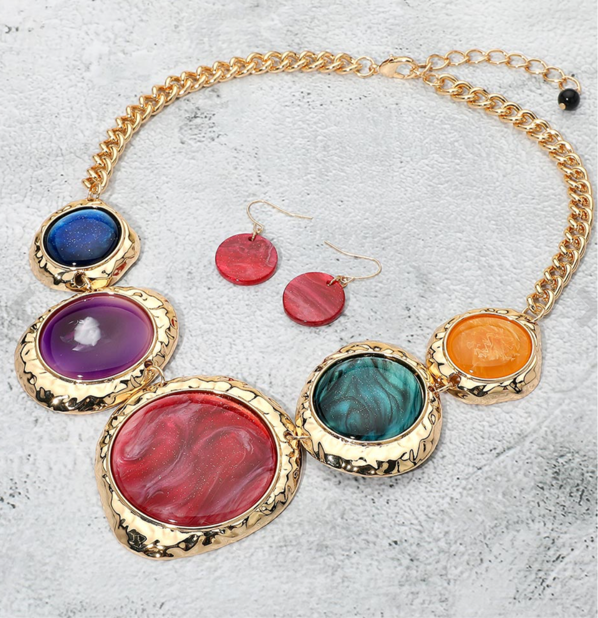 Chunky Sparkled Celluloid Acetate Round Plate Link Statement Necklace