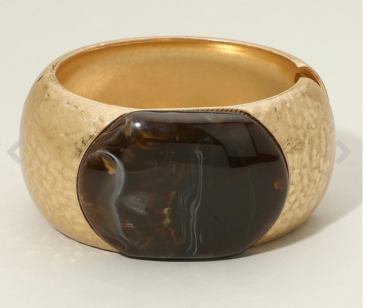 Oversized Stone Accent Chunky Hammered Metal Hinged Bangle Bracelet
