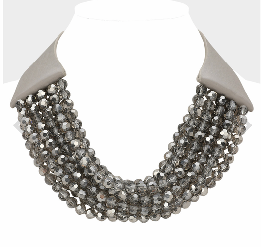 Chunky Acrylic Beaded Multi Layered Faux Leather Necklace_BlackGrey Stone