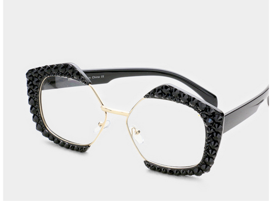 Crystal Embellished  Pentagon Clear Lens Frames _Black
