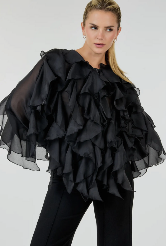 CASCADING RUFFLE BLOUSE TOP_Black