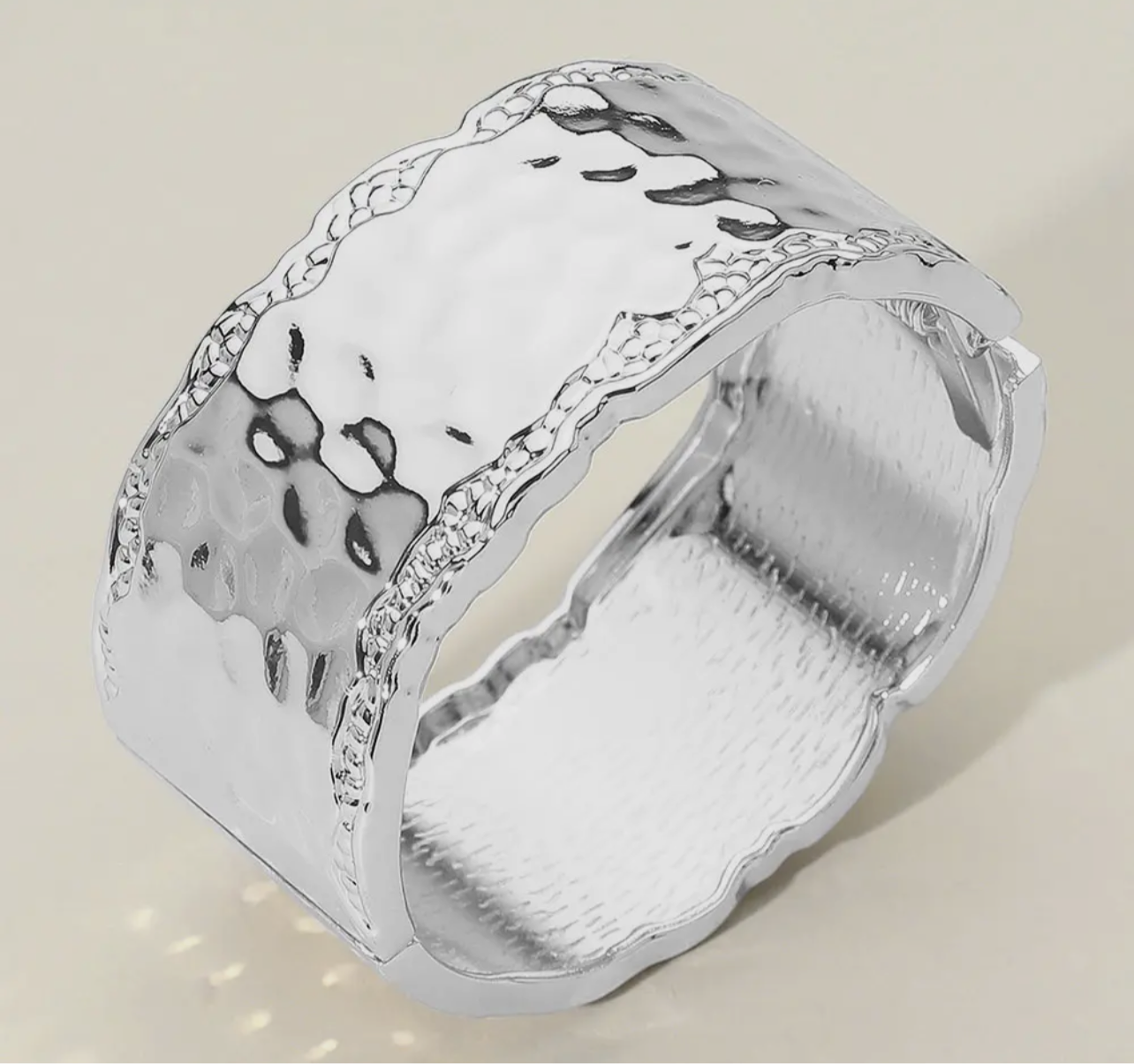 Wide Hammered Metal Hinged Bangle Bracelet