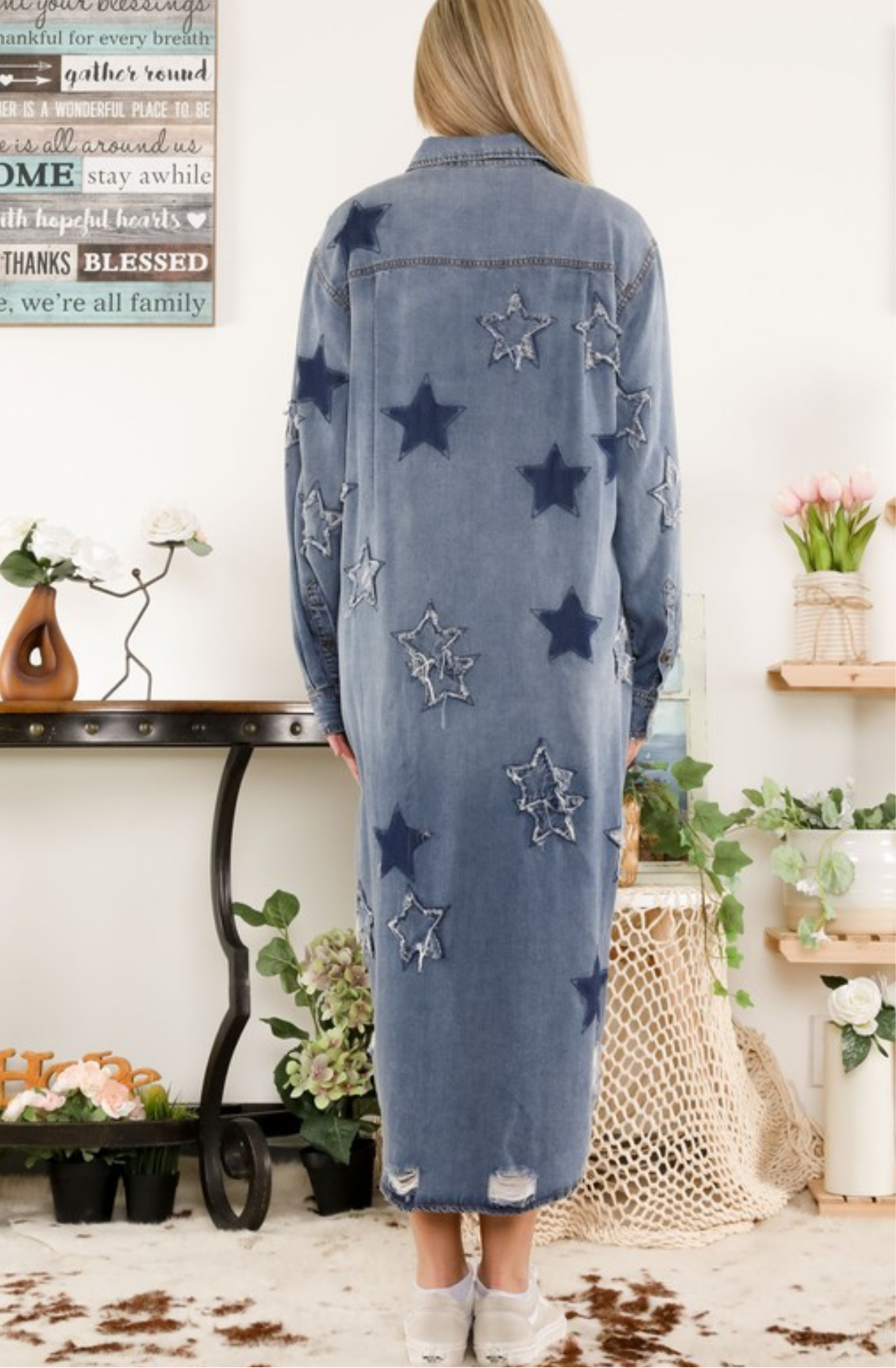 Feel Like a Star Denim/Dark Denim Frayed Star High-Low Dress