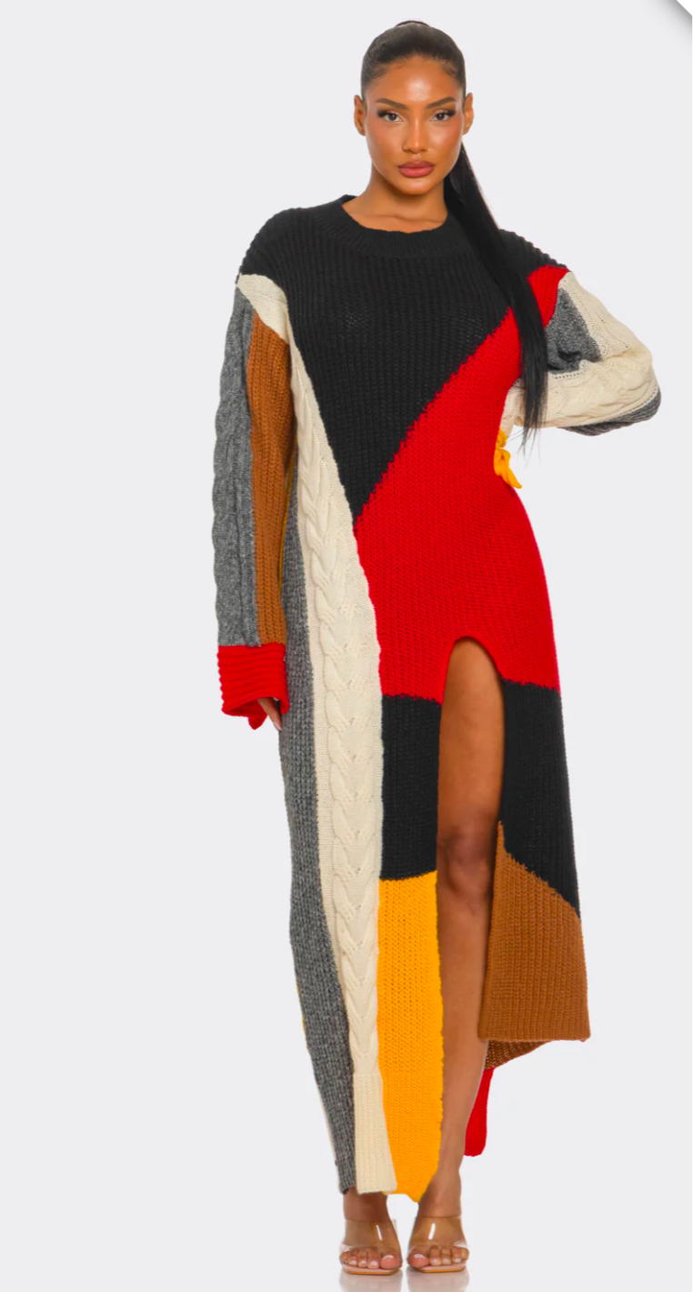 COLOR-BLOCK CABLE KNIT MAXI DRESS