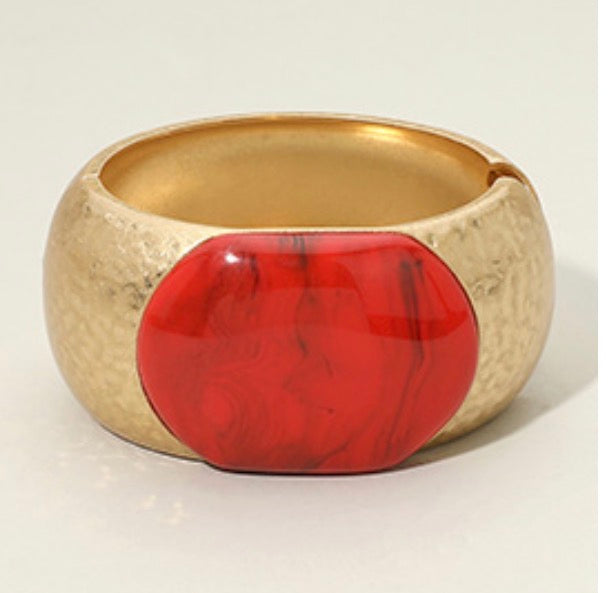 Oversized Stone Accent Chunky Hammered Metal Hinged Bangle Bracelet