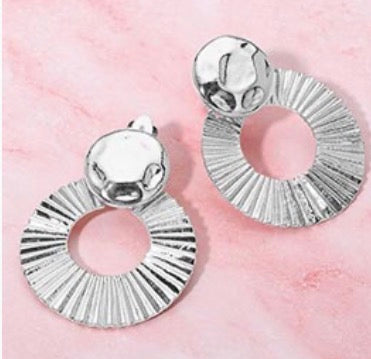 Bold Textured Round Disc Drop Clip On Earrings