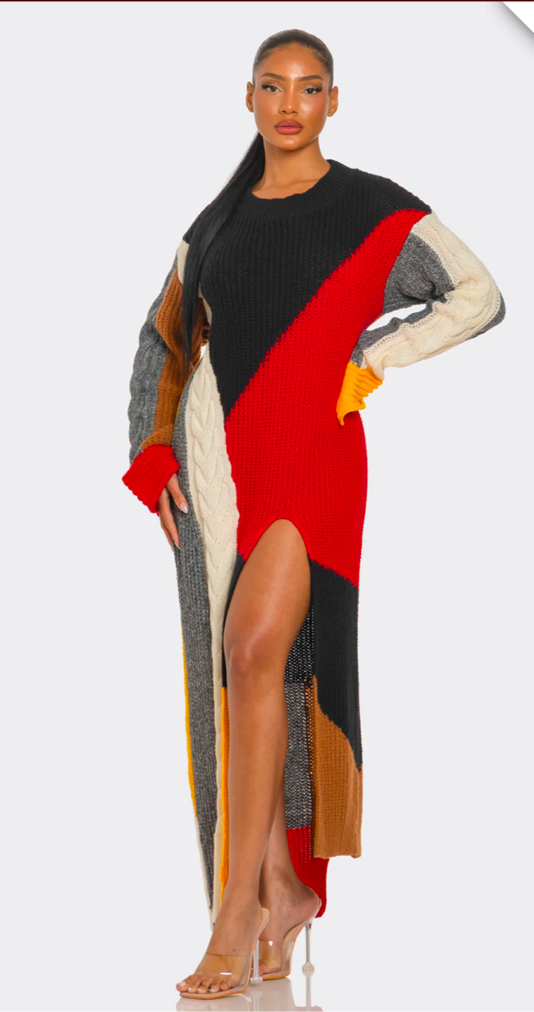 COLOR-BLOCK CABLE KNIT MAXI DRESS