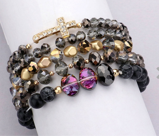 5PCS - Stone Paved Cross Faceted Beaded Multi Layered Bracelets