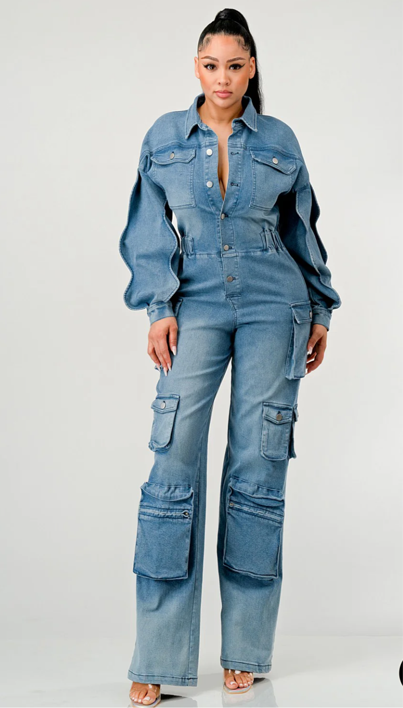 FAMOUS DENIM CARGO RUFFLE SLEEVE JUMPSUIT