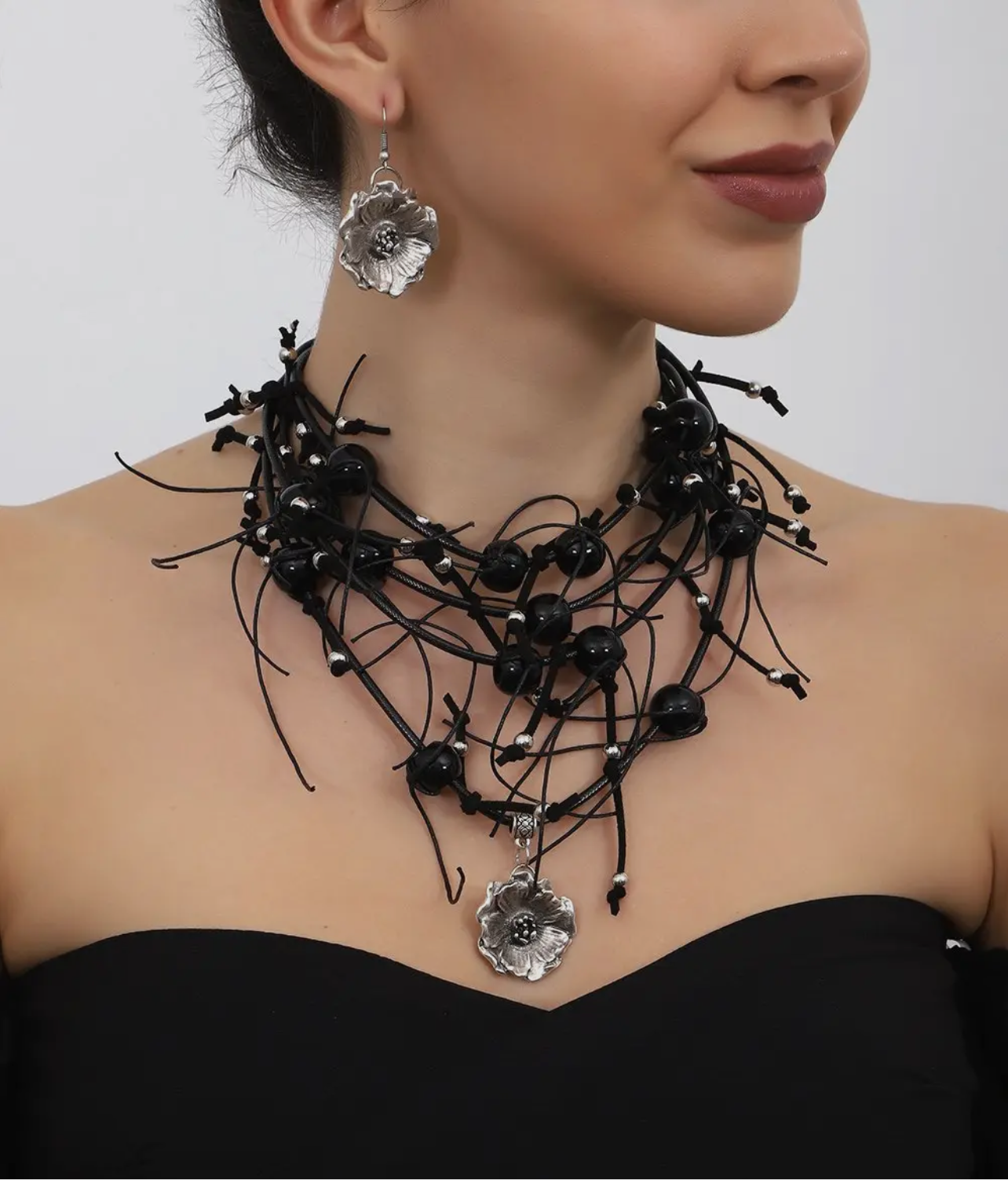 Black Leather Knotted Flower Pendant Set