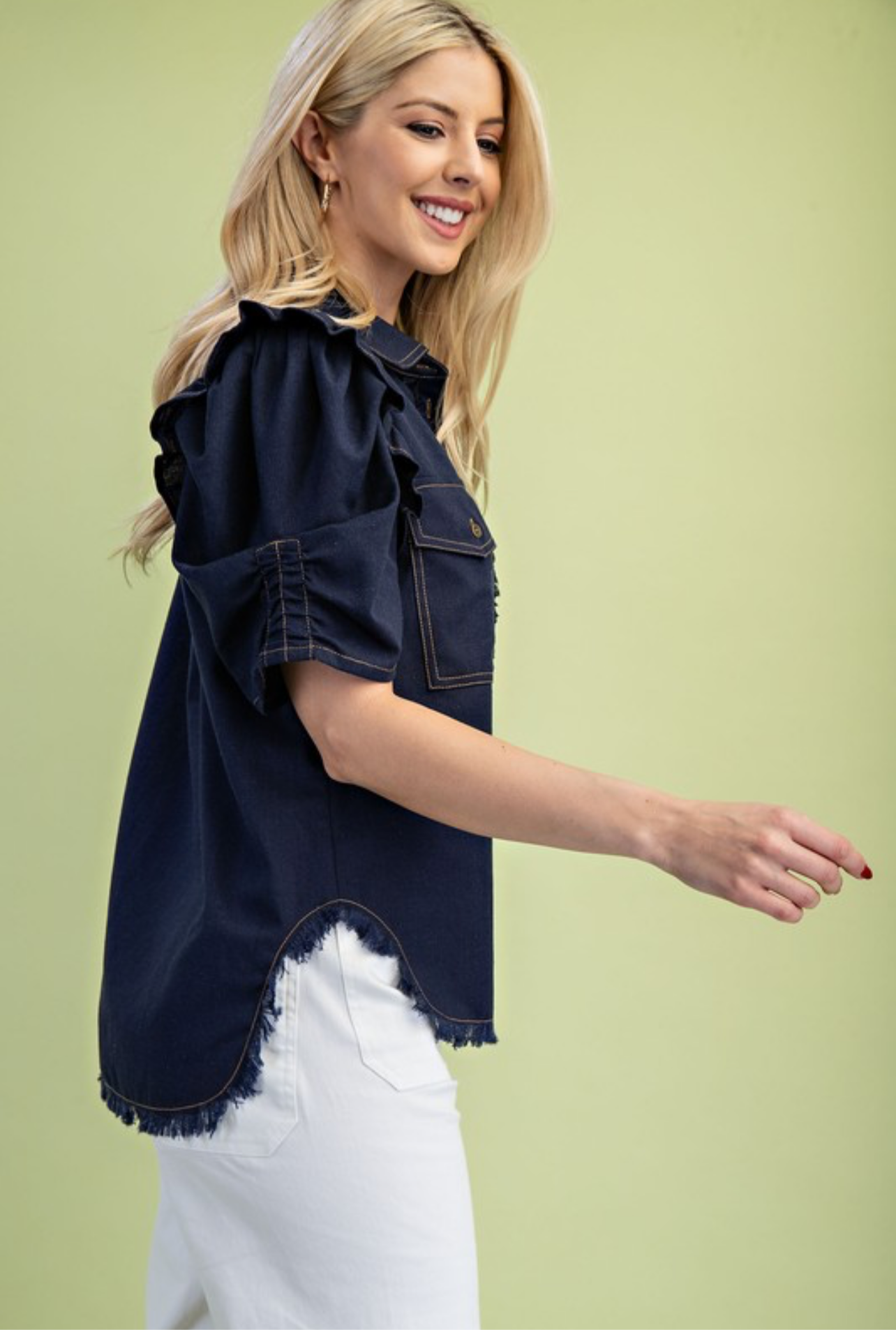 Ozzie Ruffled Gathered Denim Shirt