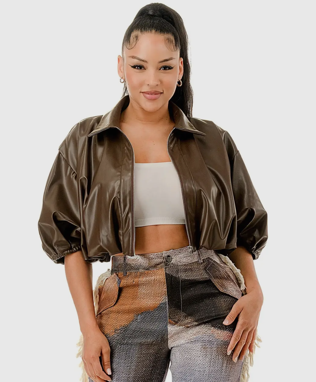Vegan Leather Cropped Zip Up Blouse
