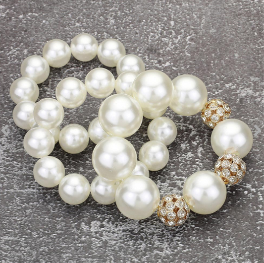 3PCS - Chunky Pearl Ball Beaded Stretch Multi Layered Bracelets _White Gold