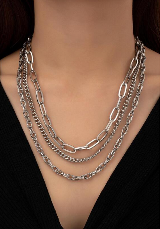 3Layer Silver Hollow Fancy Paper Clip Necklace