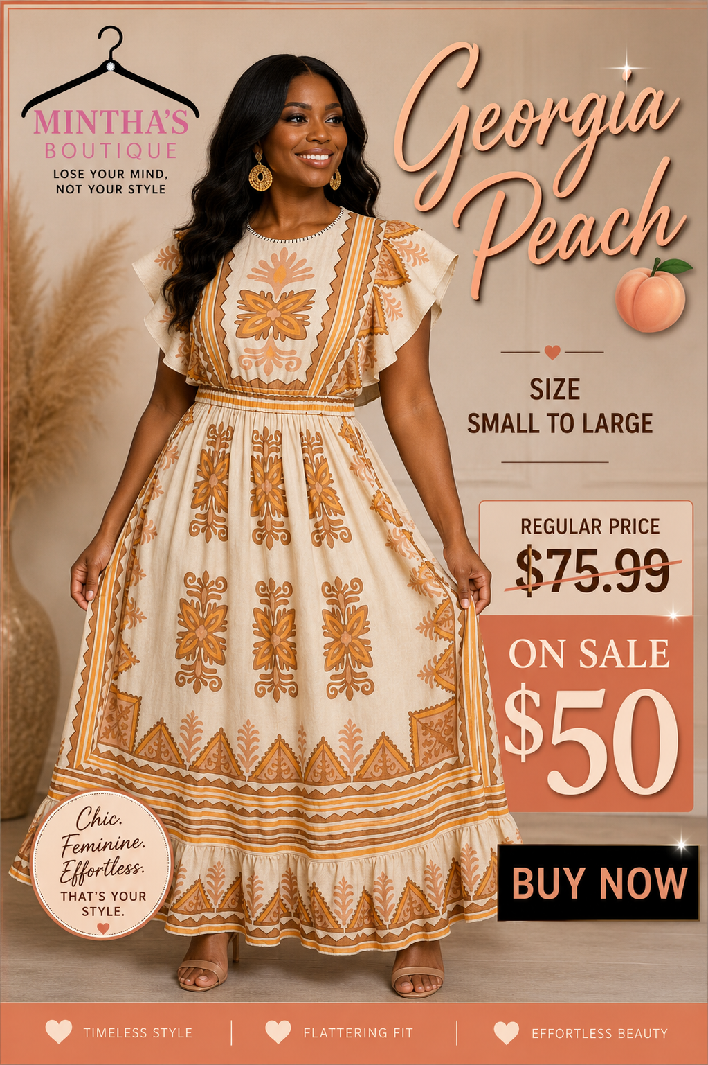 Georgia Peach FLUTTER SLEEVE MIDI DRESS