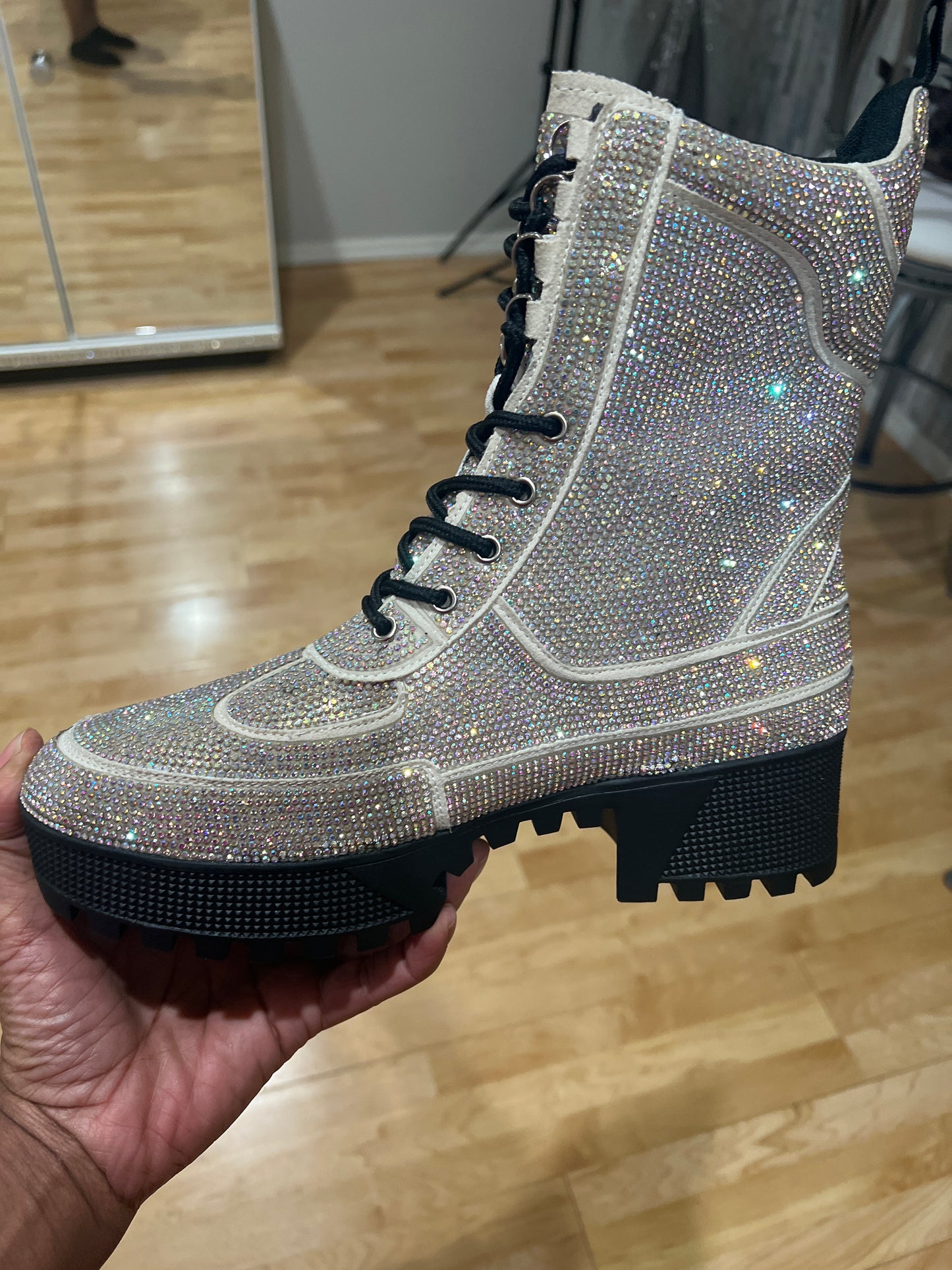 AB Silver Combat Rhinestone Boot