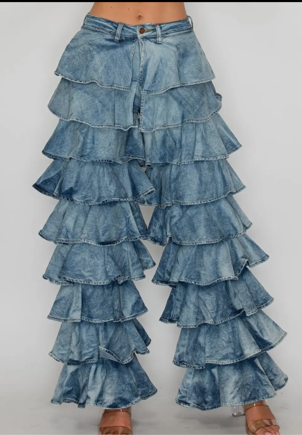HIGH WAISTED RUFFLE DENIM PANTS