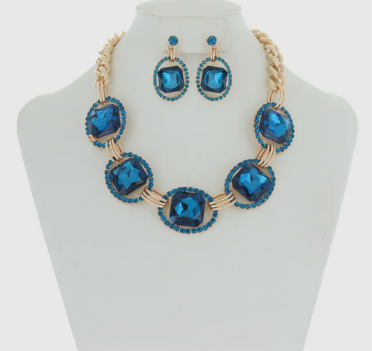 Blue Chunky Square Gem Oval Rhinestone Link Necklace Set