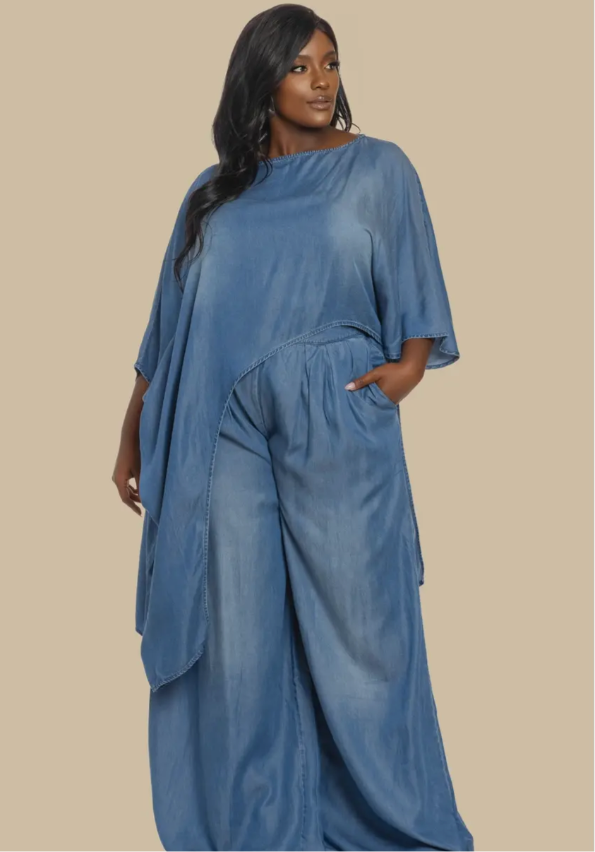 Kamala Denim Asymmetric Top Palazzo Pants Set