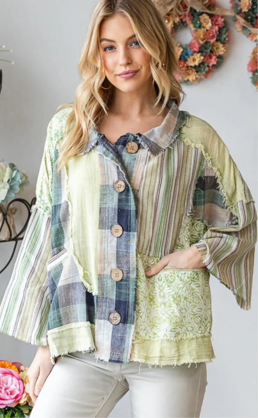Patchwork Collard Button Down Green Mix