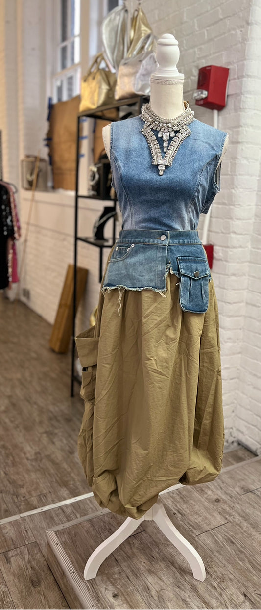 Khaki Bubble Skirt w/Denim Pockets