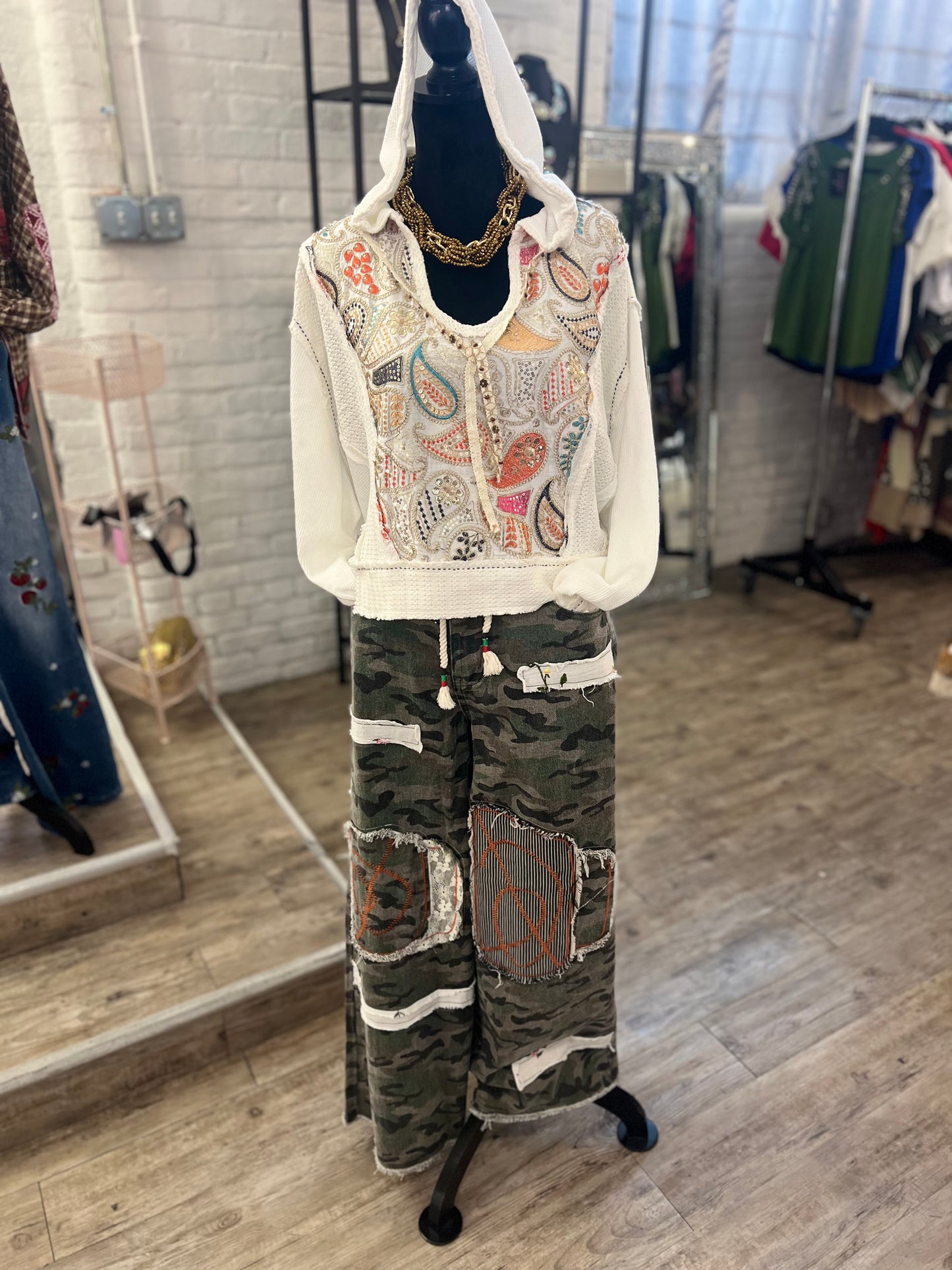 Cream Crop Hoodie w/ Embroidery Design