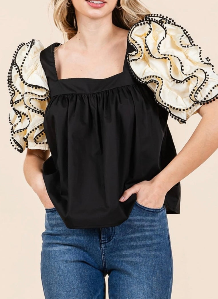 Black Ruffle Detail Puff Sleeve Top