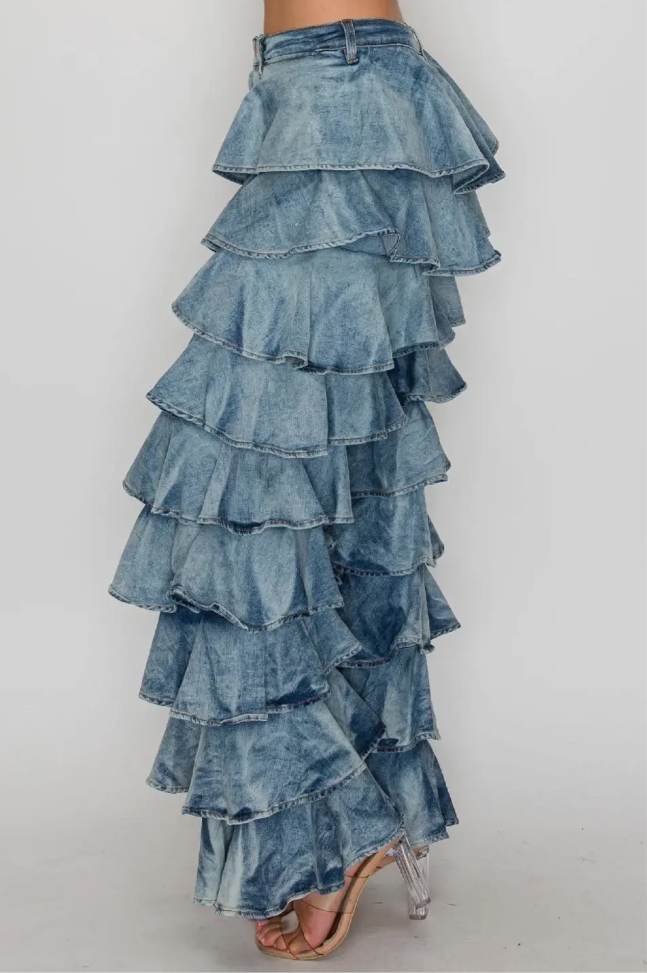 HIGH WAISTED RUFFLE DENIM PANTS
