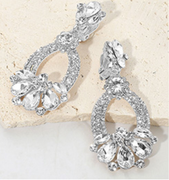 Teardrop Glass Stone Rhinestone Embellished _Clip On Earrings