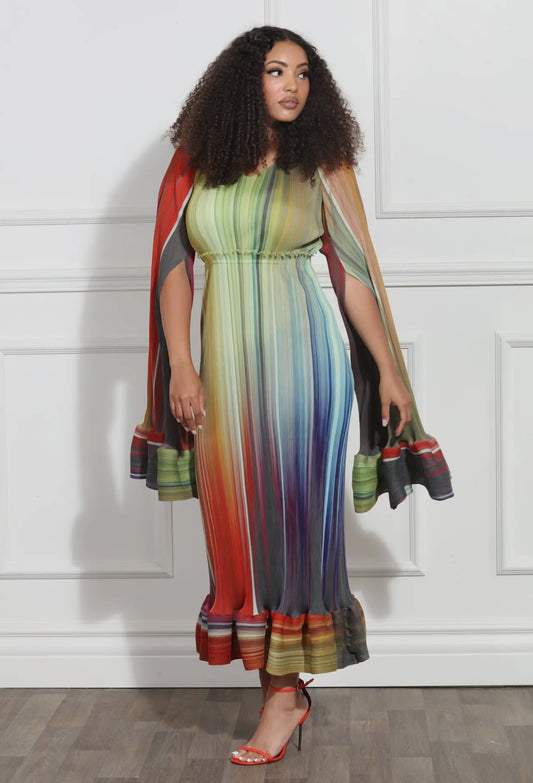 In My Own Lane Multi Color Dress with Cape Sleeve Cover