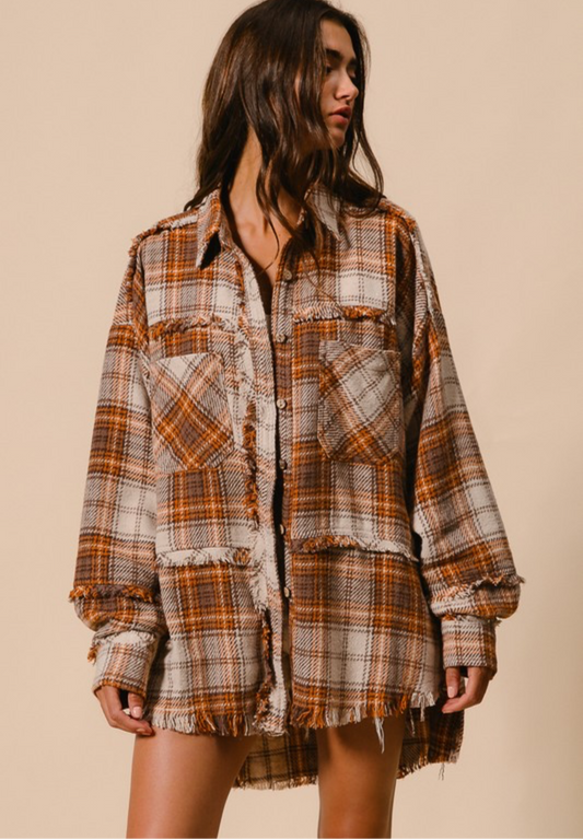 Lillie Checked Woven Frayed Oversized Shacket