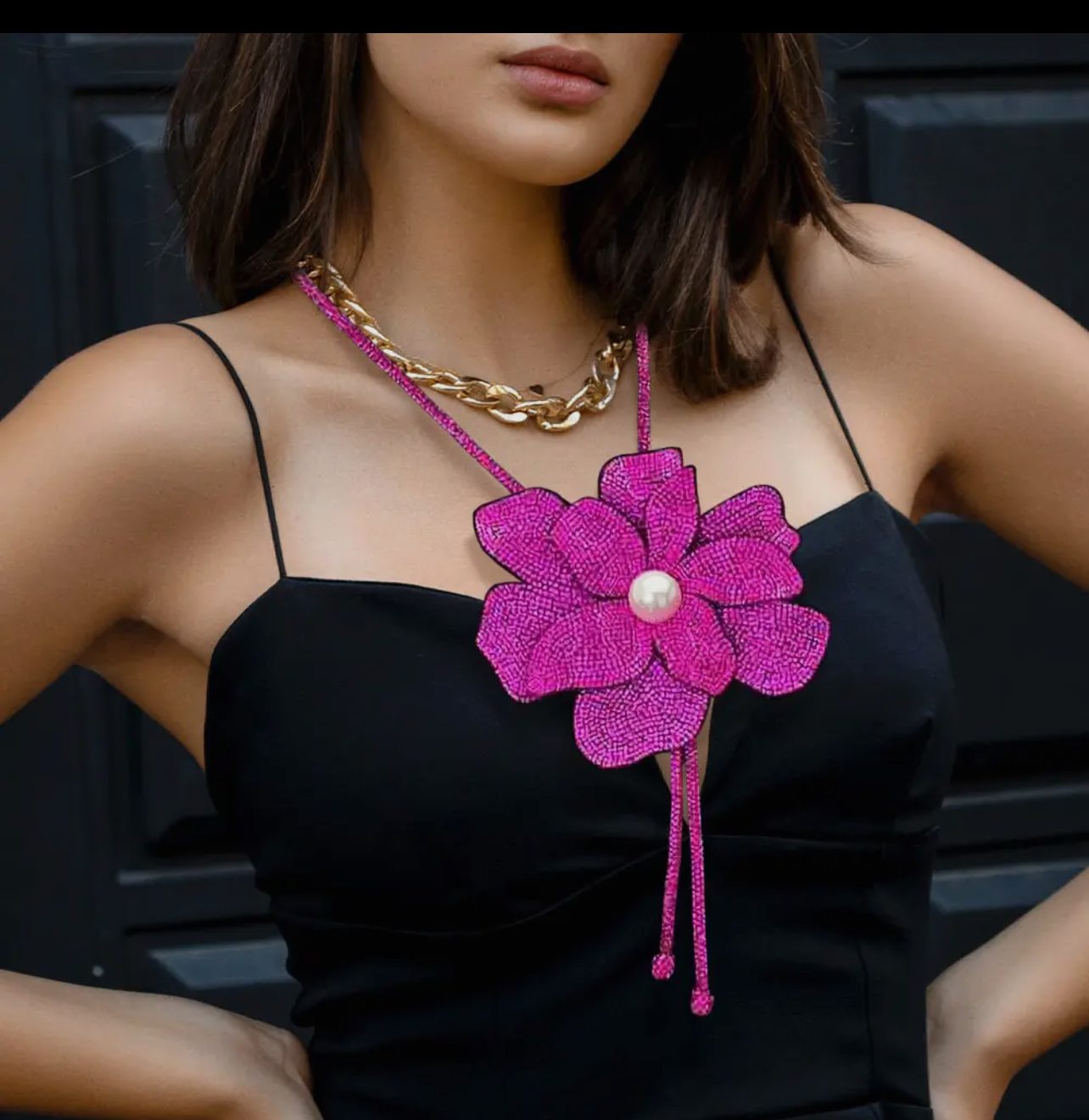 Bling Oversized Flower with Long Necklace_Black Color Only