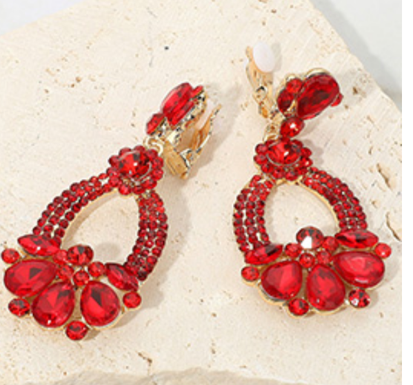 Teardrop Glass Stone Rhinestone Embellished _Clip On Earrings