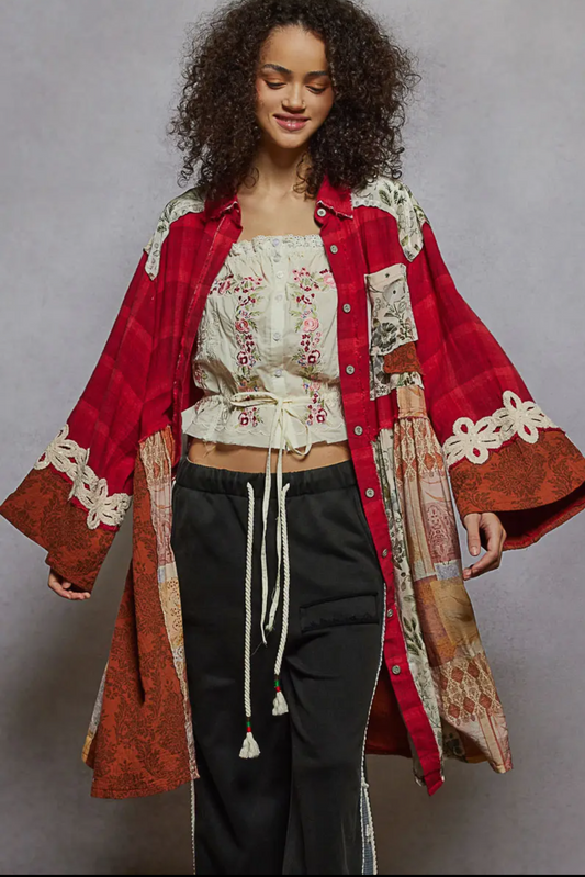 Cardi Long Sleeve Crochet Trim Plaid Knee Length Shirt Top