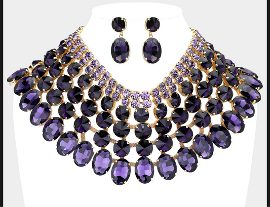 Purple Crystal Glass Bib Statement Necklace