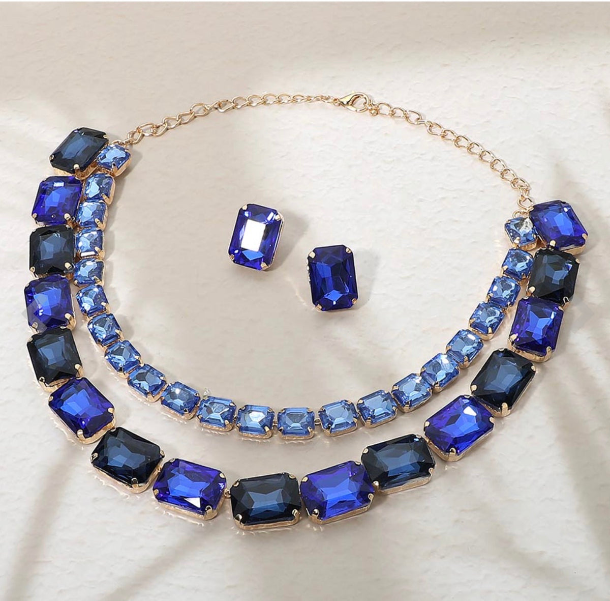 Emerald Cut Stone Cluster Link Double Layered Necklace