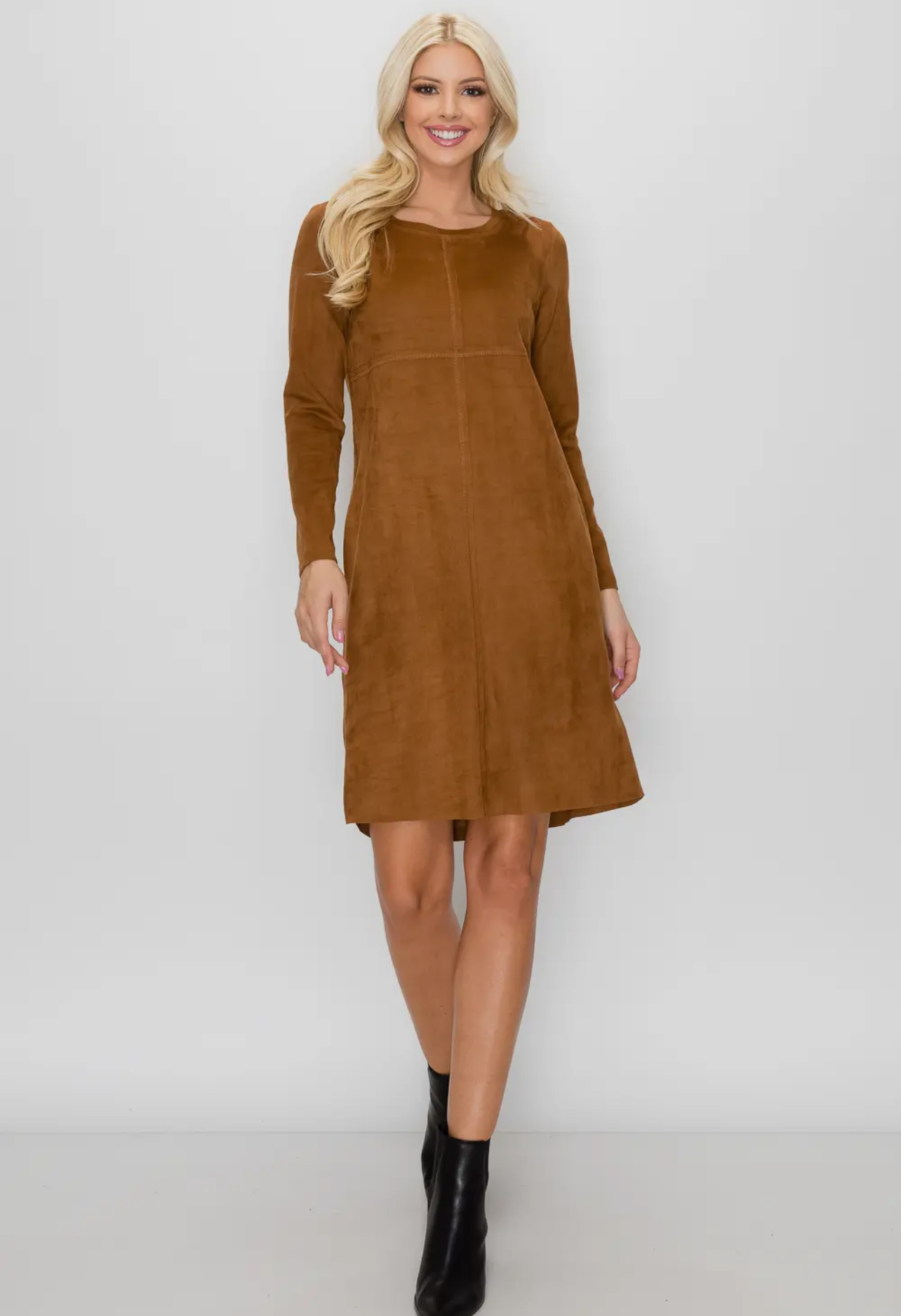 AURORA LONG SLEEVE SUEDE DRESS - CARAMEL