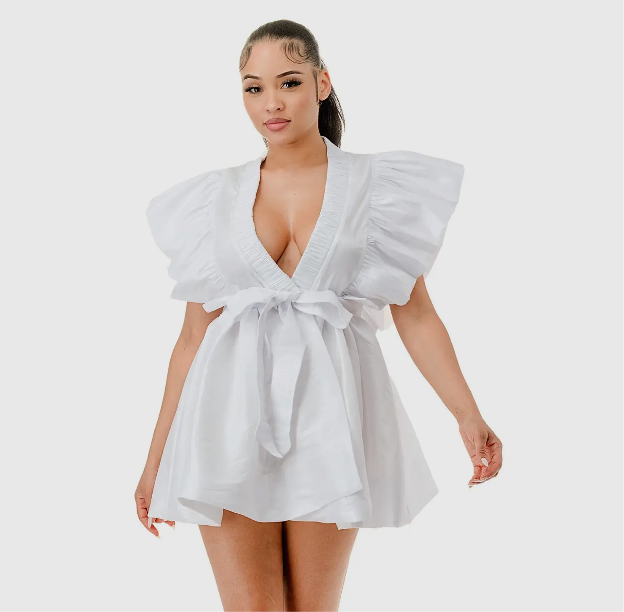 Ruffle Trim Babydoll Bubble Dress With Deep V Cut In White