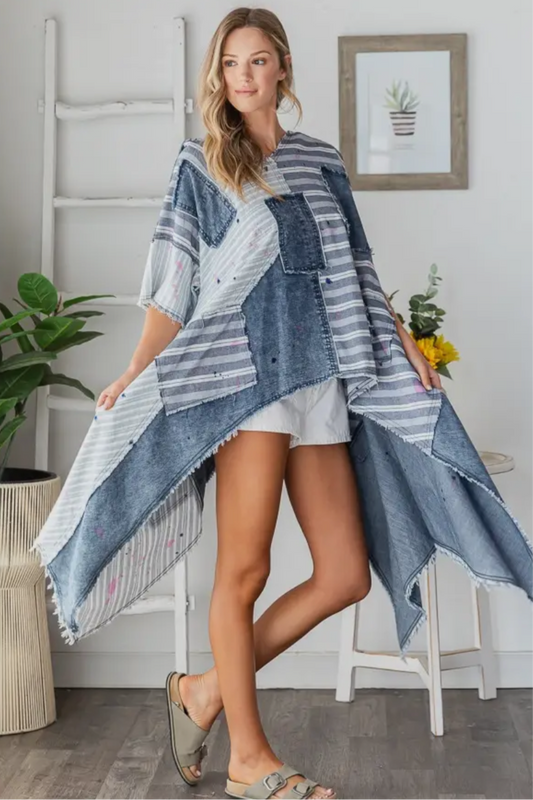 Paint Drop Denim Patch High Low Hoodie Shirt