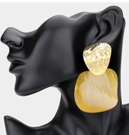 Bold Textured Metal Resin Panel Statement Earrings_Yellow