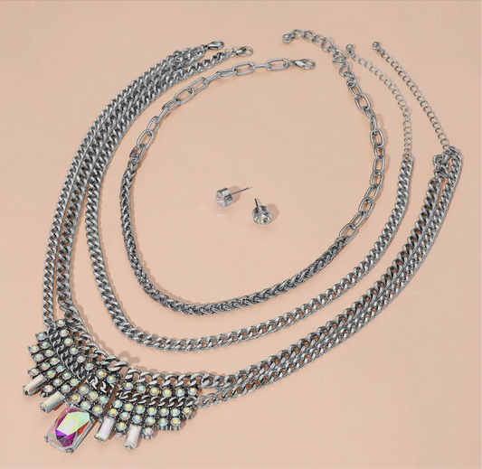 Edgy w/ Touch of Class- Silver & Iridescent 3 Piece Necklace Set