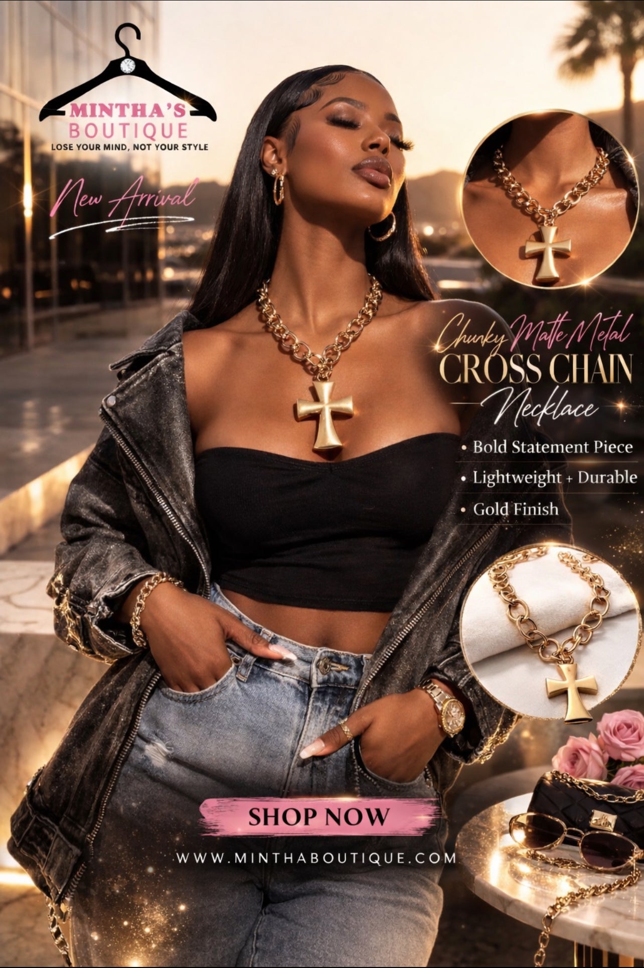 Chunky Matte Metal Cross Pendant Necklace