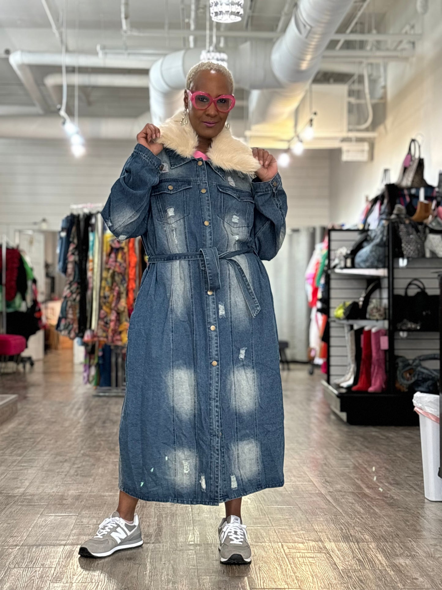 Whiskey Denim Midi Length Jacket w /Fur Collar