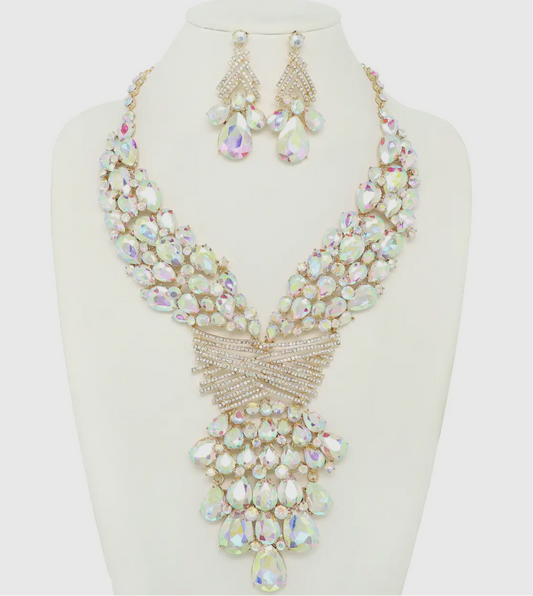 WOW FACTOR  Gold AB Teardrop Round Stone Embellished Statement  Necklace Set
