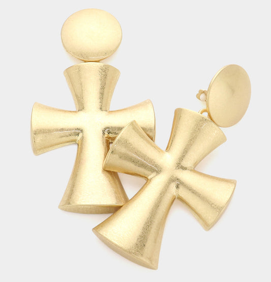 Matte Metal Oversized Cross Dangle Clip On Earrings