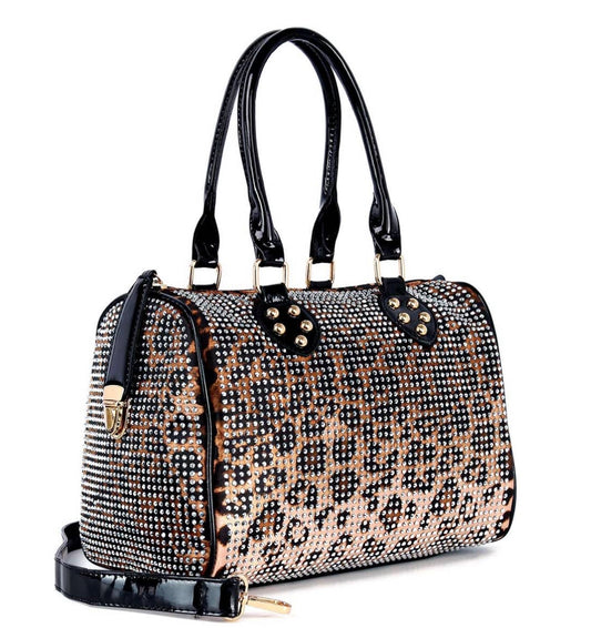 Sophisticated Leopard Rhinestone Satchel Bag