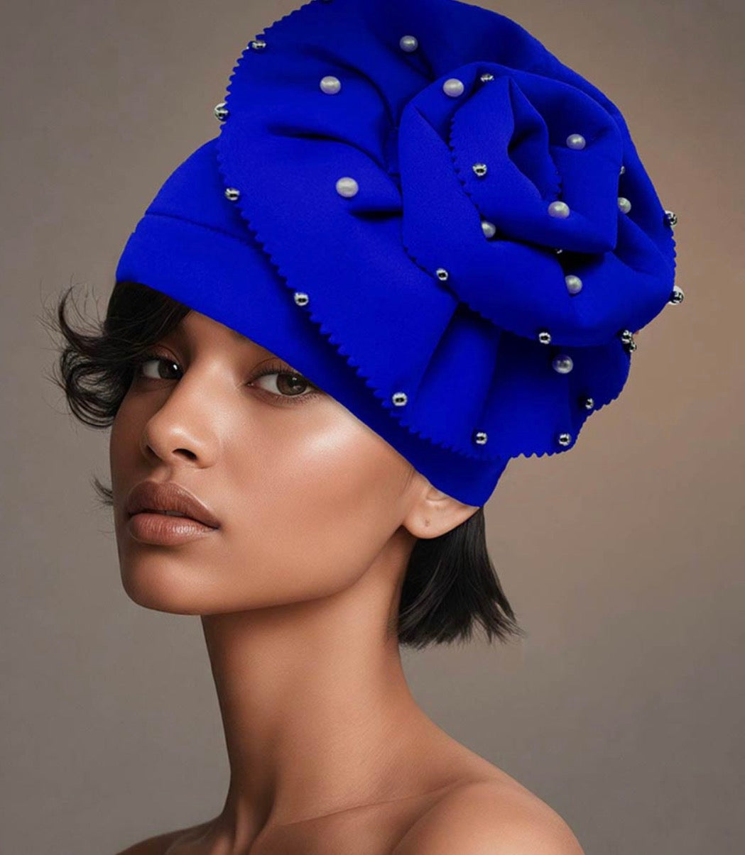 Pearl Rhinestone Cluster Embellished Flower Accent Turban Hair Wrap