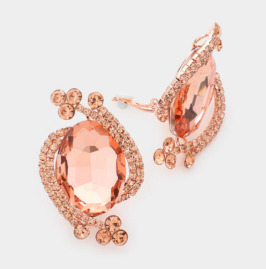 Oval Crystal Rhinestone Clip on Earrings_Rose Gold